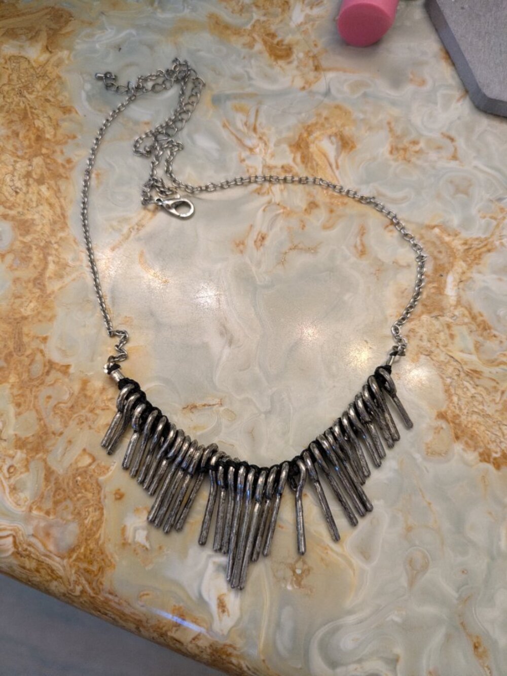 Large metal dangly necklace bar bib fringe collar silver spikes